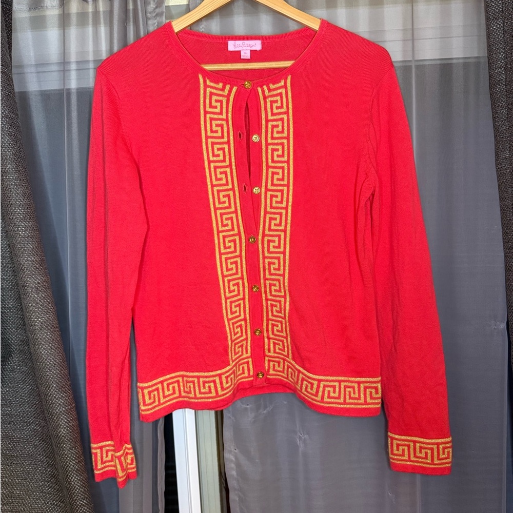 Lilly Pulitzer Red Button Down Shirt with Gold Accents